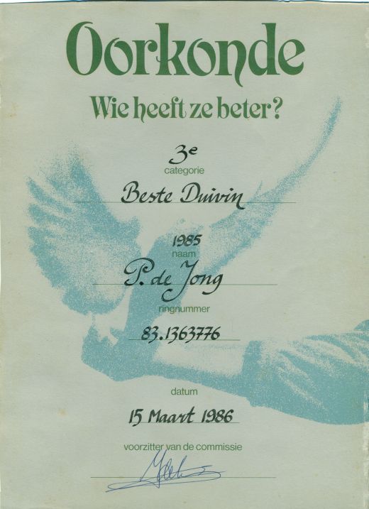 3e beste duivin WHZB 1985