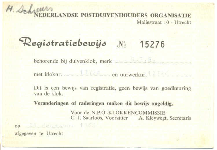 Registratiebewijs klok 1965